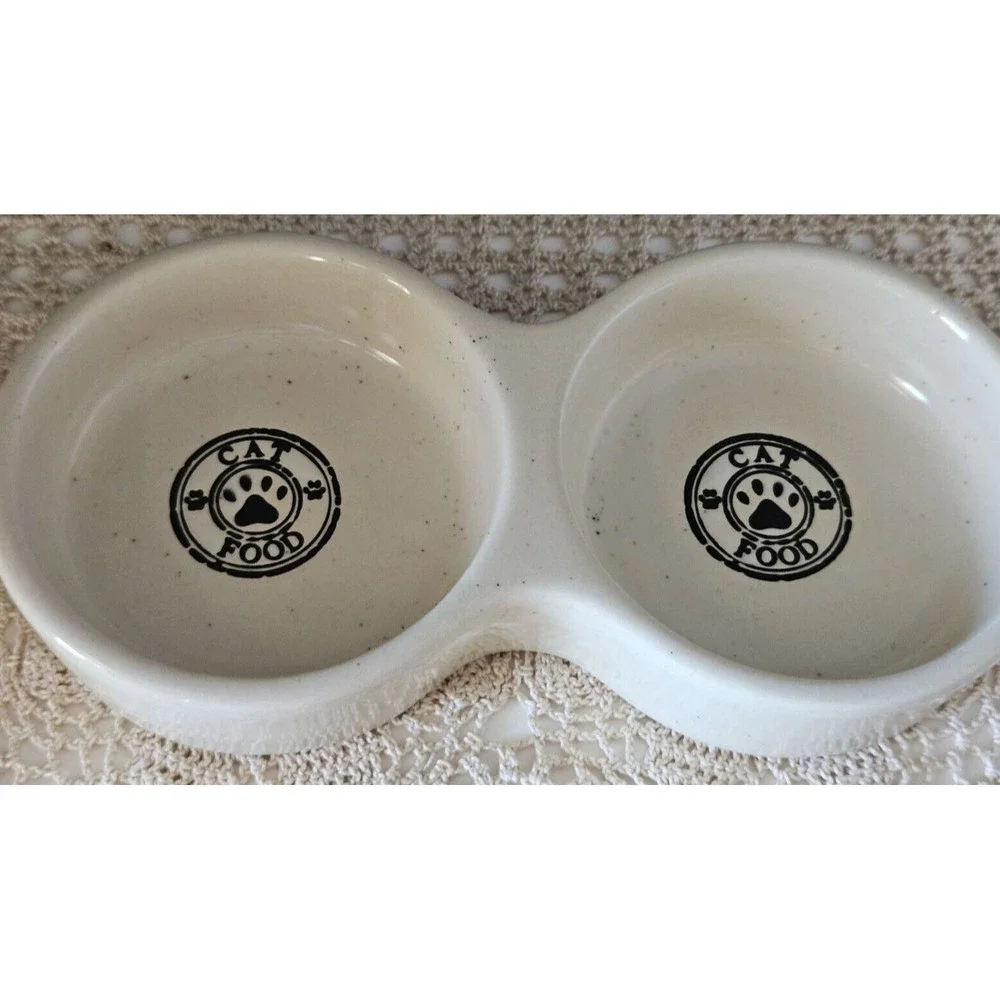Double Sided Beige Speckled Ceramic Cat Food and Water Dish